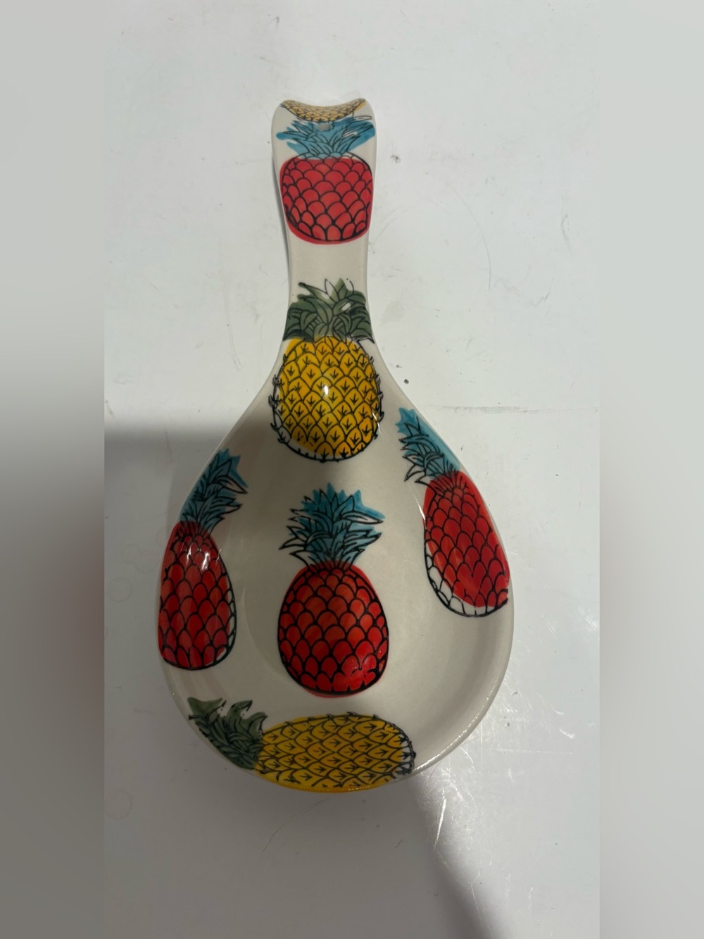 Signature Ceramic Spoon Rest with Red, Yellow and Blue Pineapple Motifs